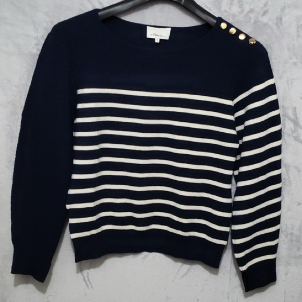 3.1 Phillip Lim Sweater, Cropped in the back, Navy Striped, Size:‎ M